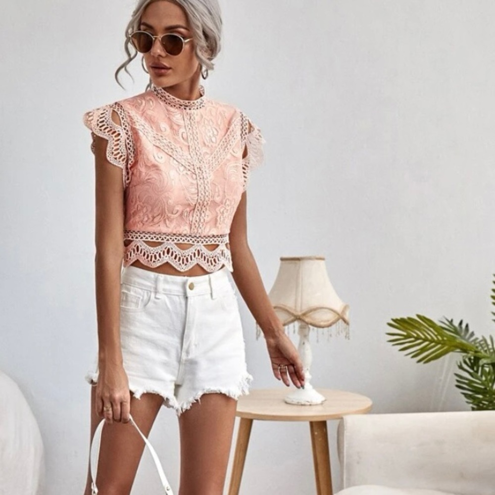 Peach crop top with laced sleeves, size small